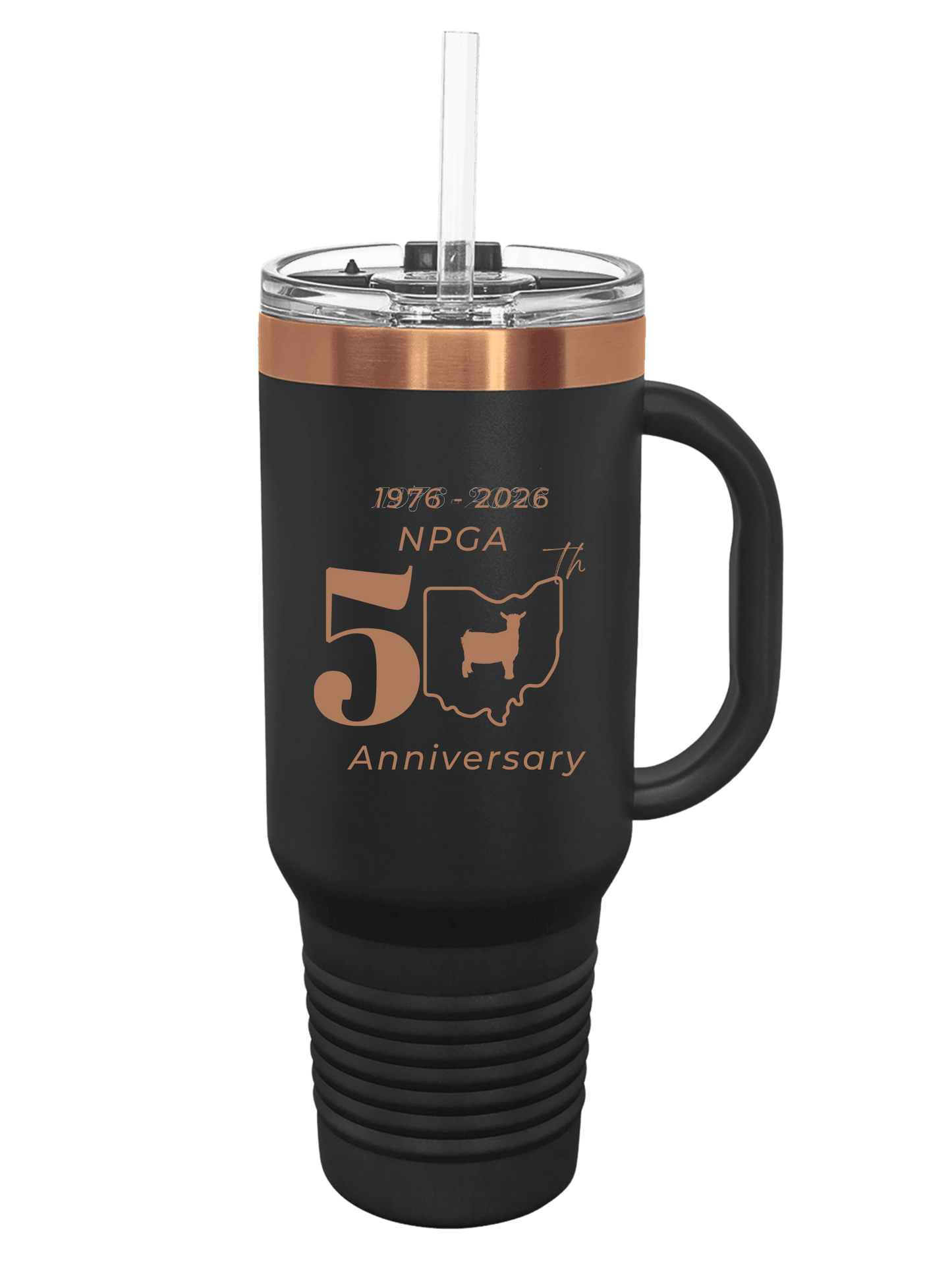 Polar Camel 40 oz. Black/Rose Gold Travel Mug with Handle & Straw - Engraved